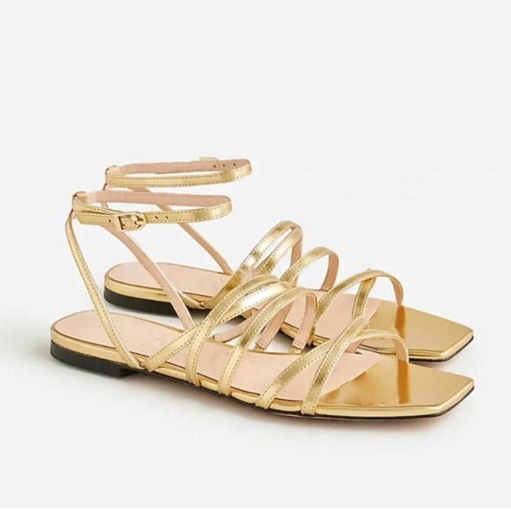J.Crew Womens Metallic Gold Multi Strap Square Toe Flat Sandals Size 7.5